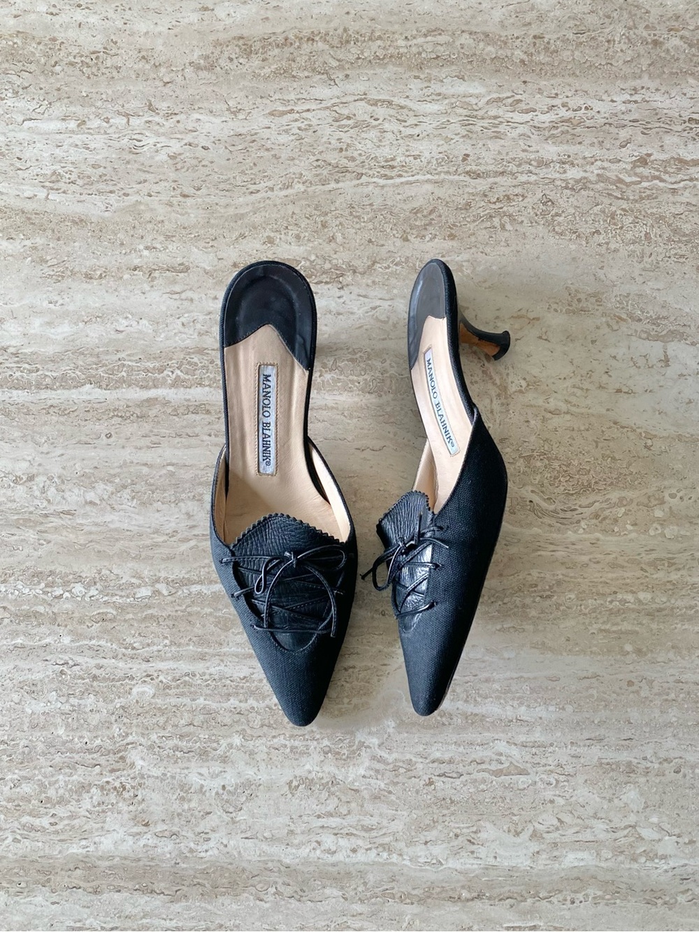 Vintage Manolo Blahnik Linen Lace-up Bow Mule Heels
